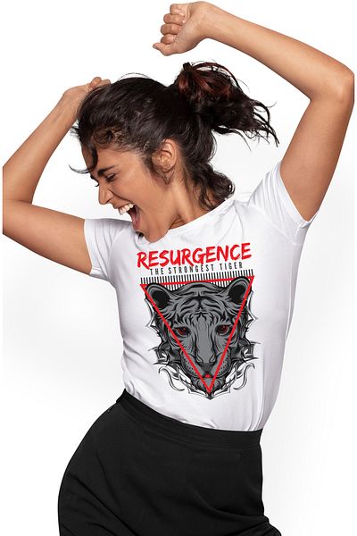 StoryGift Romania Women's T-Shirt With White Tiger Portrait, Red Eyes, Red Triangles, Text IN English R WHT_L