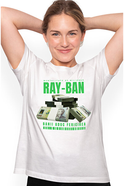 StoryGift Romania Tricou Femei Ray-Ban - Banii Aduc Fericirea, cu imprimeu pe Fata, 100% Bumbac, WHT_L