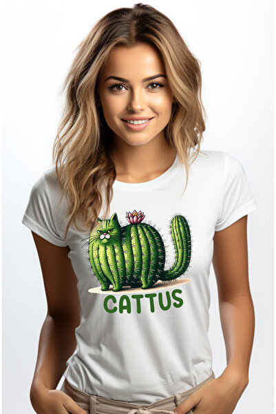 StoryGift Romania Tricou Femei cu pisica sub forma de cactus cu mesajul "Catt...