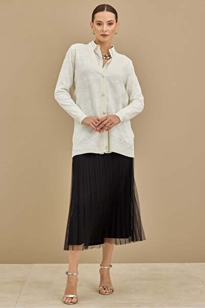 Tığ Triko Kelebek Sim Jakarlı Triko Hırka EKRU