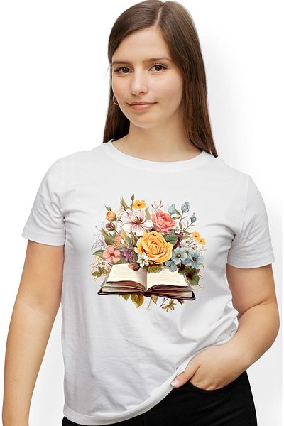 StoryGift Romania Tricou Femei cu o carte deschisa, ilustratie, flori, galbene, albastre, lectura, WHT_L