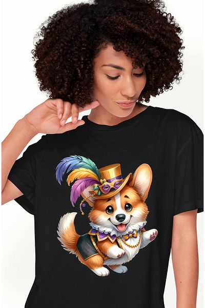 StoryGift Romania Tricou Femei cu un catel care danseaza, ilustratie, palarie de circ, pene, bucur BLK_M