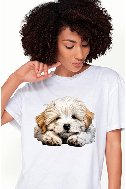 StoryGift Romania Tricou Femei cu un catelus alb somnoros, ilustratie, fara v...