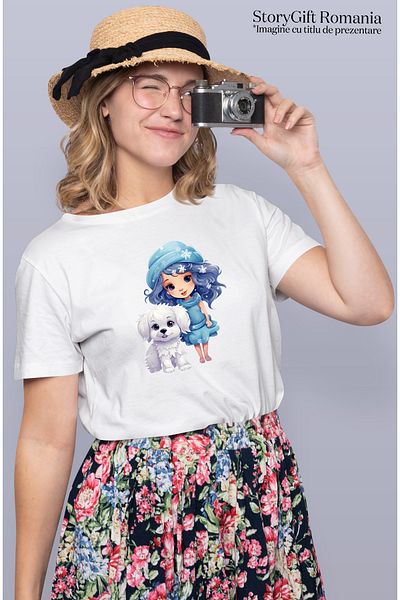 StoryGift Romania Tricou Femei Cu O Fetita Care Are Un Catel Alb, Ilustratie, Ninge, Fulgi De Nea, Wht_m