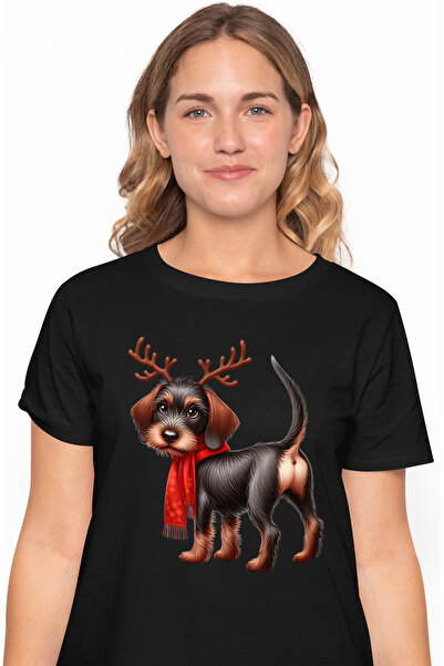 StoryGift Romania Tricou Femei cu un caine care poarta niste coarne de ren, ilustratie, fular, fri BLK_L