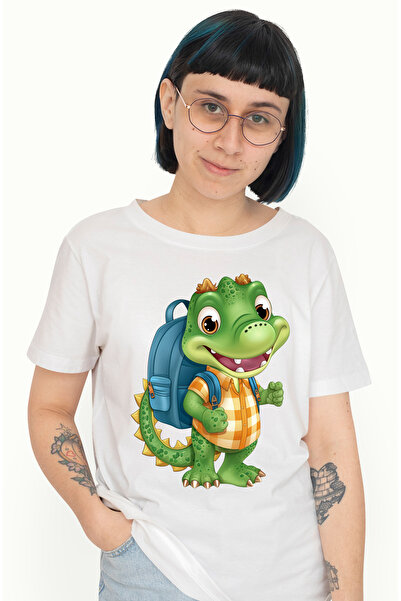 StoryGift Romania Tricou Femei cu un dinozaur verde explorator, ilustratie, ghiozdan, pleaca in ex WHT_XS