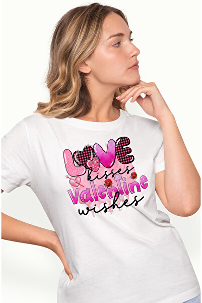 StoryGift Romania Tricou Femei cu mesajul "Love kisses, Valentine wishes", dorinta, fundal roz, sa WHT_XL