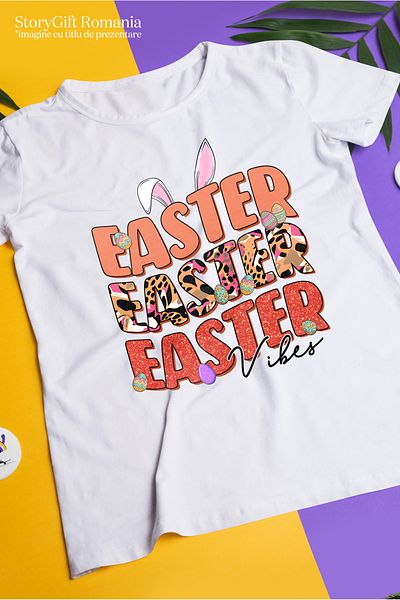 StoryGift Romania Tricou Femei cu mesajul "Easter, Easter, Easter vibes", Paste fericit, ilustrati WHT_S