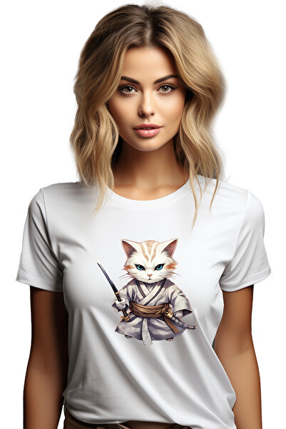 StoryGift Romania Tricou Femei cu o pisicuta furioasa care tine o katana, ilu...