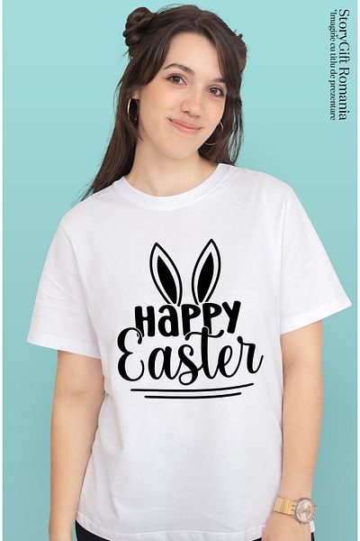 StoryGift Romania Women's T-shirt with rabbit ears and the message "Happy Easter" - Happy Easter! WHT_L