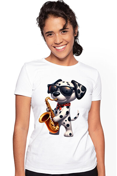 StoryGift Romania Tricou Femei cu un catel Dalmatian care canta la saxofon, i...