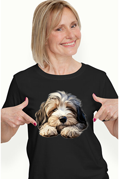 StoryGift Romania Tricou Femei cu un catel blanos care doarme lat, pe labe, ilustratie, ora de cul BLK_L