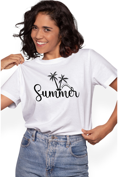 StoryGift Romania Tricou Femei cu palmieri si soare cu cuvantul "Summer" - va...