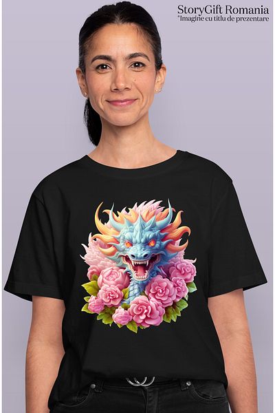 StoryGift Romania Tricou Femei cu un dragon agresiv, ilustratie, ochi in flacari, floricele, roz, BLK_L
