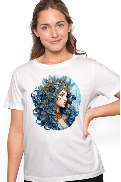 StoryGift Romania Tricou Femei cu o fata draguta cu parul lung, cerc, flori, ...