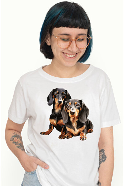 StoryGift Romania Tricou Femei cu 2 catei Dachshund, ilustratie, bucurie, cur...