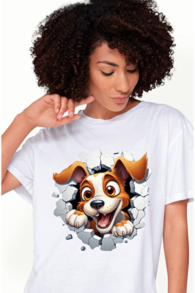 StoryGift Romania Tricou Femei cu un caine scoate capul printr-un zid distrus, ilustratie, vesel, WHT_L