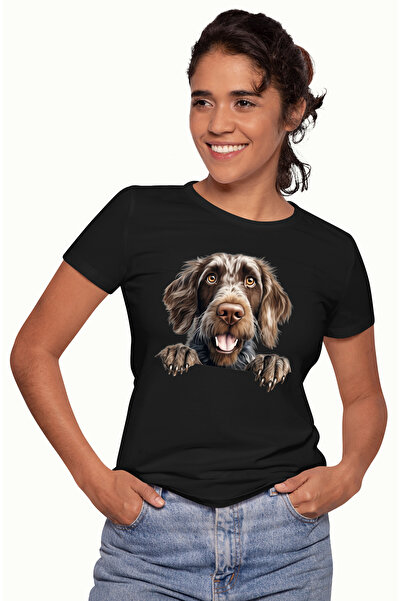 StoryGift Romania Tricou Femei cu un catel blanos, ilustratie, gheare, labute, priveste uimit, sur BLK_XS