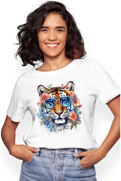 StoryGift Romania Women's T-shirt with a tiger with glasses, flowers around, plants, nature, freedom, a WHT_M
