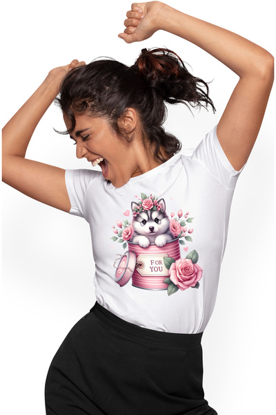 StoryGift Romania Tricou Femei cu un catelus Husky care iese dintr-o conserva...
