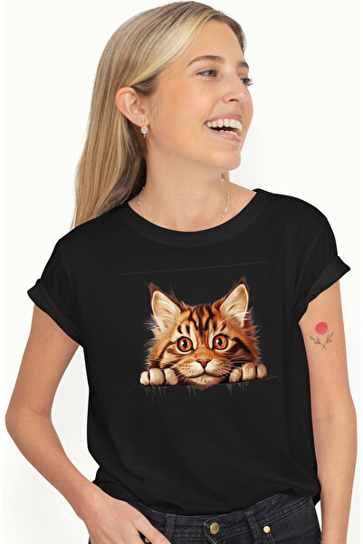 StoryGift Romania Tricou Femei cu o pisicuta care priveste surprinsa, ilustra...