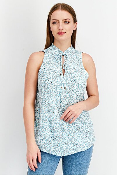 Market And Spruce Women Petite Tie Neck Sleeveless Ava Floral Print Top, Blue