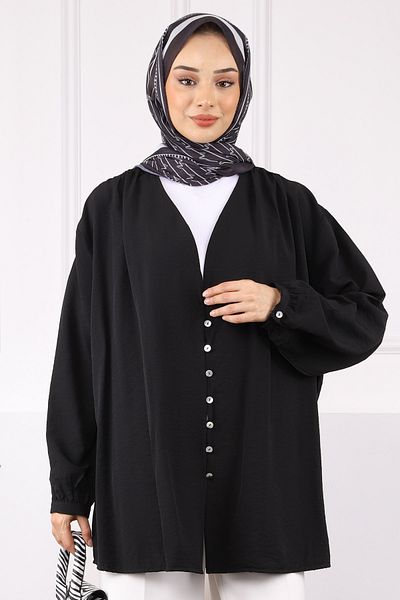 İmajButik Cardigan cu nasturi plisat cu umeri negri