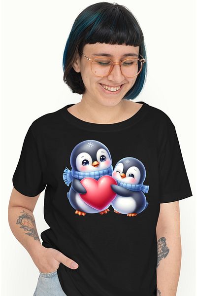 StoryGift Romania Tricou Femei cu 2 pinguini care tin o inima, ilustratie, fulgi de nea, fulare, f BLK_XS