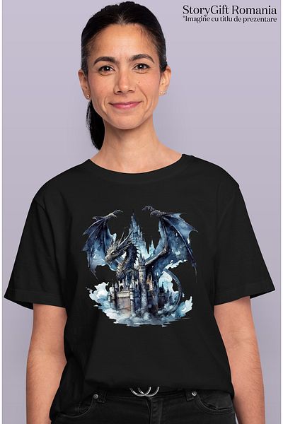 StoryGift Romania Tricou Femei cu un dragon negru, ilustratie, castel, furios, creatura mitica, ab BLK_M
