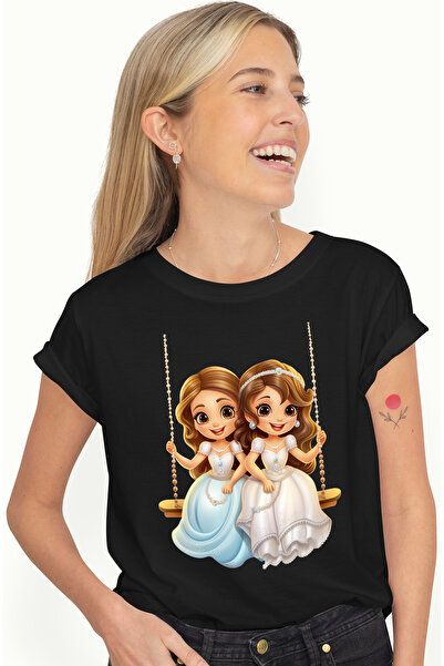 StoryGift Romania Tricou Femei cu 2 printese dragute care se dau in leagan, prietene, apropiere, i BLK_S