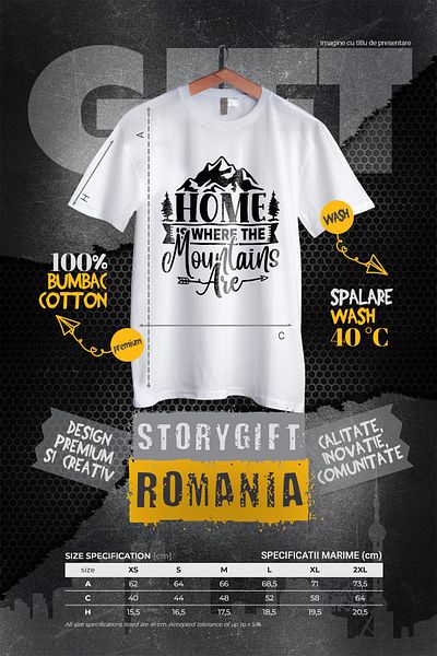 StoryGift Romania Tricou Femei cu munti si brazi cu mesajul "Home is where the mountains are" - ac WHT_M