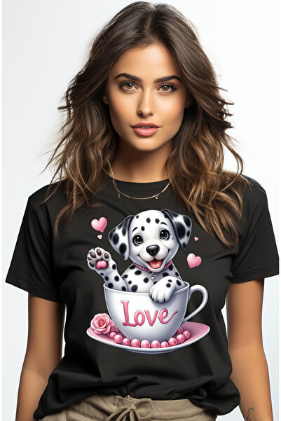 StoryGift Romania Tricou Femei cu un catel Dalmatian fericit, face cu mana, s...