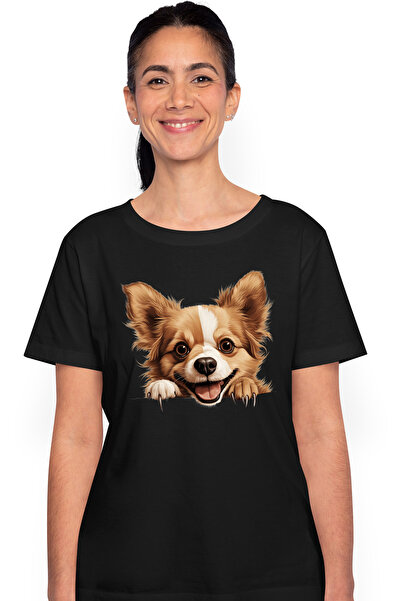StoryGift Romania Tricou Femei cu un catel fericit, zambet, maro si alb, pent...
