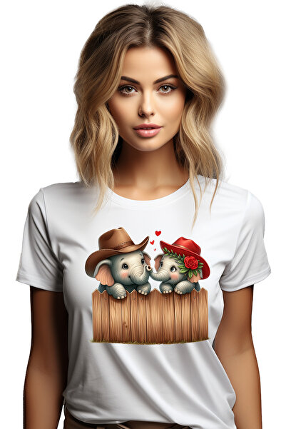 StoryGift Romania Tricou Femei cu 2 elefanti cu palarii de cowboy, ilustratie...