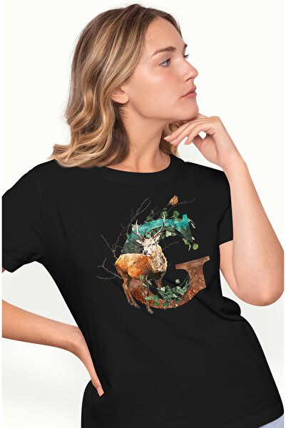 StoryGift Romania Tricou Femei Cu Litera, G, Cerb, Pasare, Crengi, Frunze, Mu...