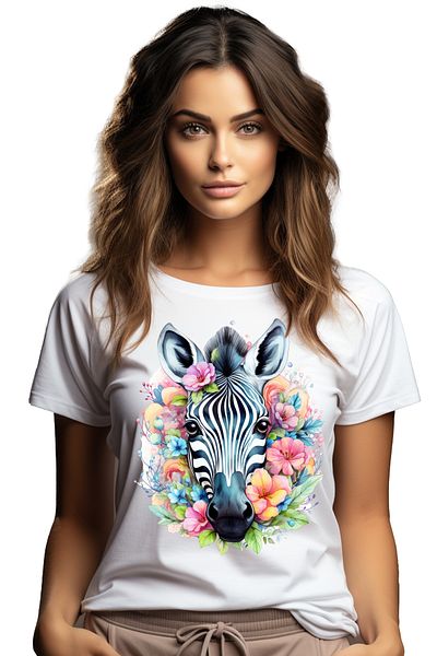 StoryGift Romania Women's T-shirt with a serious zebra, illustration, flowers, nature, jungle, abstract, a WHT_L