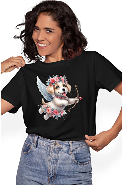 StoryGift Romania Tricou Femei cu un catelus Cupidon, ilustratie, trage cu ar...