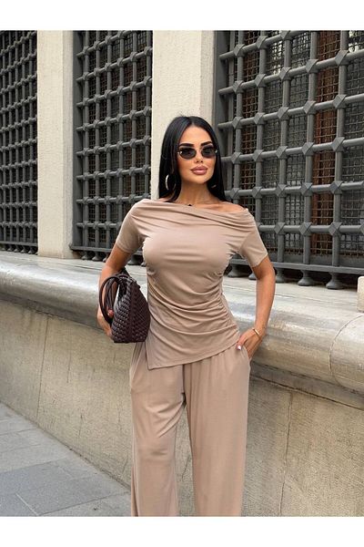solena sln Women's New Season Premium Quality Modal Draped Asymmetrical Cut Short Sleeve Blouse Pants Modal Suit