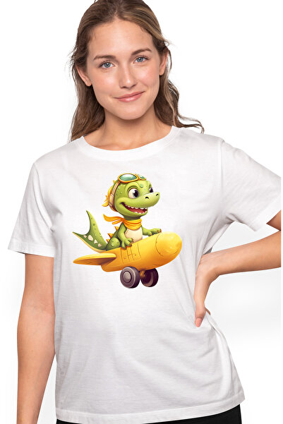 StoryGift Romania Tricou Femei cu un dinozaur verde care zboara cu avionul, i...