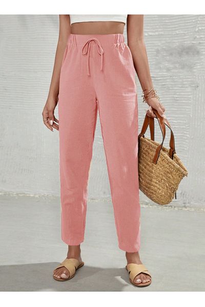 night blue High Waist French Linen Trousers - Dried Rose