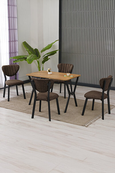 Lumodi Mobilya Masa Sandalye Takımı, 4 Sandalye 1 Sabit Ceviz Masa 110x70 Cm,...