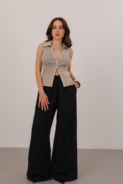 FACETTE Women's Black Leg Detail Linen Trousers