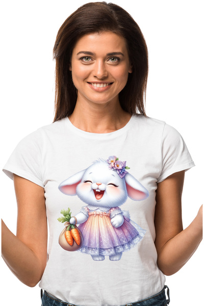 StoryGift Romania Tricou Femei cu o iepuroaica vesela, ilustratie, rade, flor...