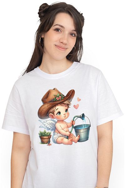 StoryGift Romania Women's T-shirt with a baby filling a bucket with a hose, illustration, plants WHT_XS