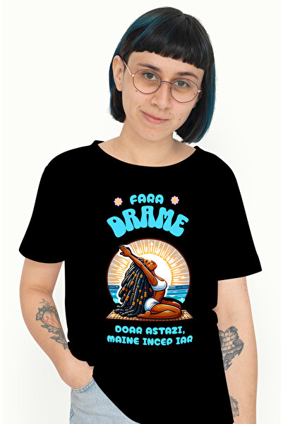 StoryGift Romania Tricou Femei Fata Facand Yoga Pe Plaja Text Haios Fara Dram...