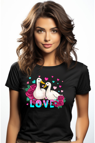 StoryGift Romania Tricou Femei cu 2 rate apropiate cu mesajul "Love", inimioare colorate, trandafi BLK_XL
