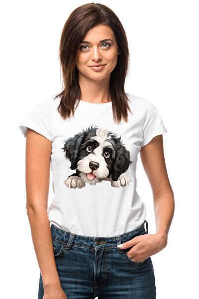 StoryGift Romania Tricou Femei cu un caine vesel, ilustratie, blanos, alb si negru, isi asculta st WHT_XL