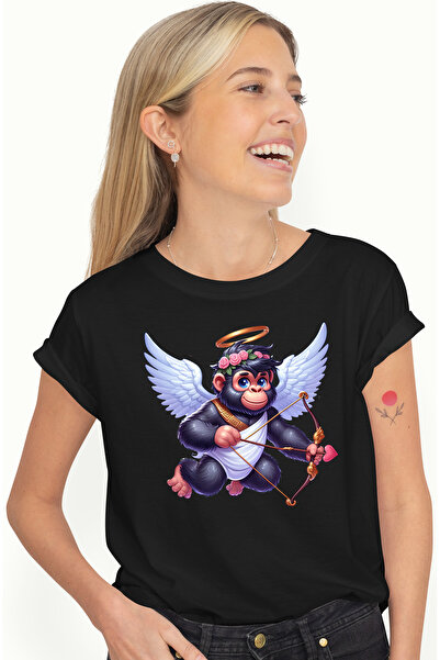 StoryGift Romania Tricou Femei cu un cimpanzeu Cupidon, ilustratie, trage cu arcul, aripi, indrago BLK_XS