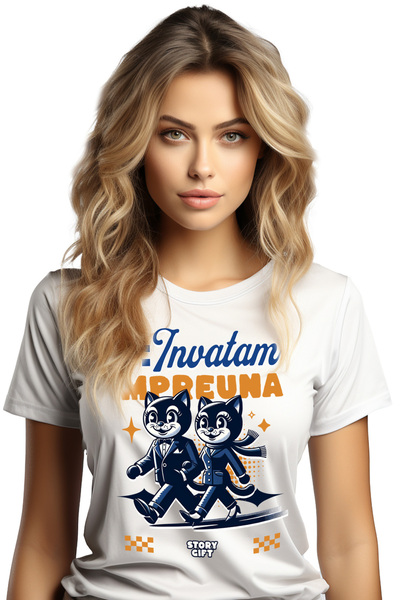 StoryGift Romania Tricou Femei Cuplu pisici text invatam impreuna cuplu sanat...