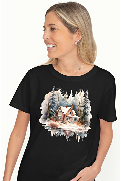 StoryGift Romania Tricou Femei cu o casa in padure, ilustratie, lac in fata c...